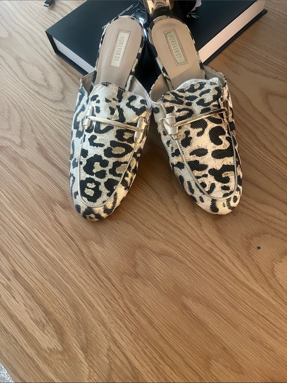 Forever 21 Leopard Print Slip-On Mules with Gold Accent